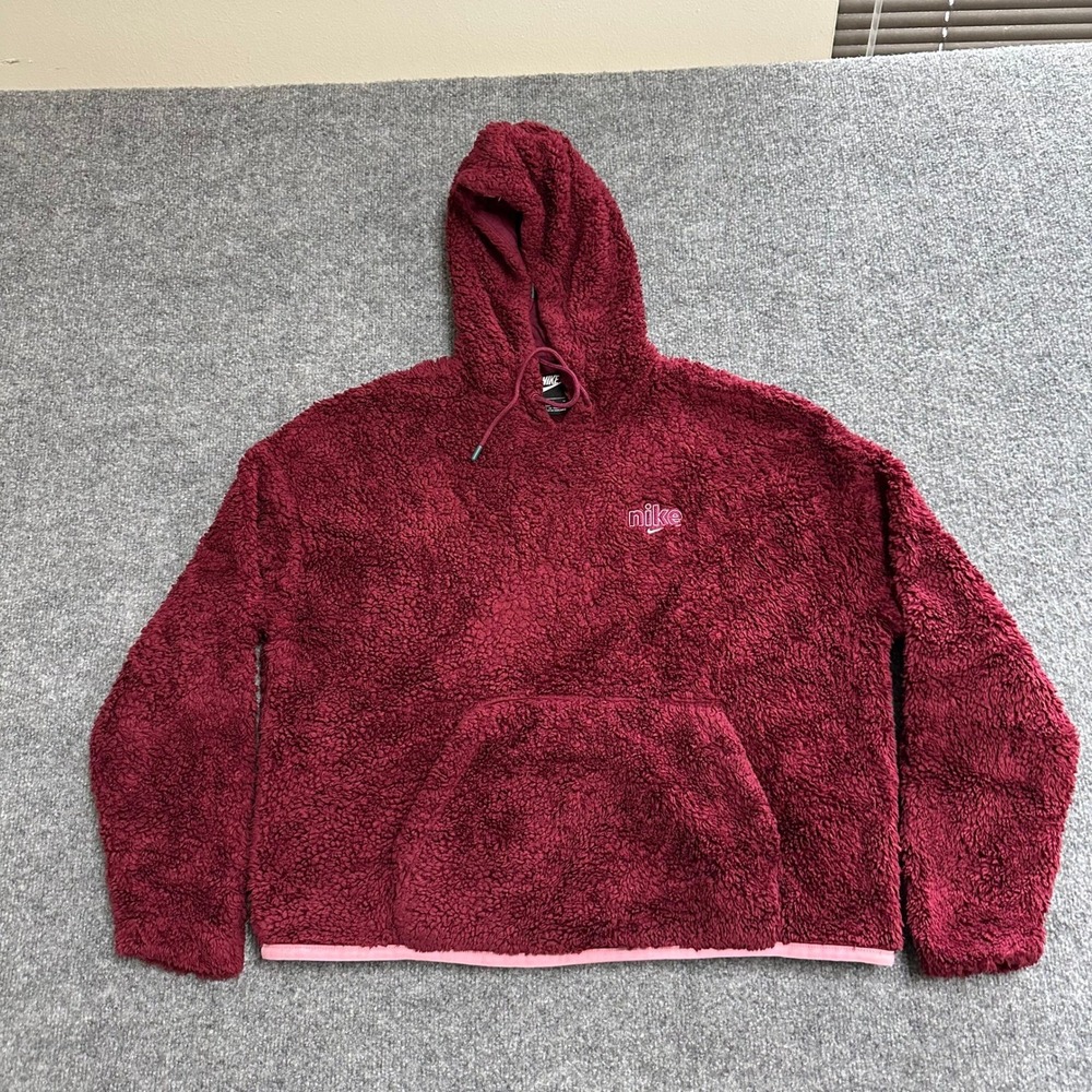 Nike Hoodie Womens Size M Burgundy Faux Fur Sherpa Pullover Oversized Sporty